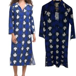 New Sail to Sable Women's Button Front‎ Caftan Dress XXS Navy Leaf Print Casual